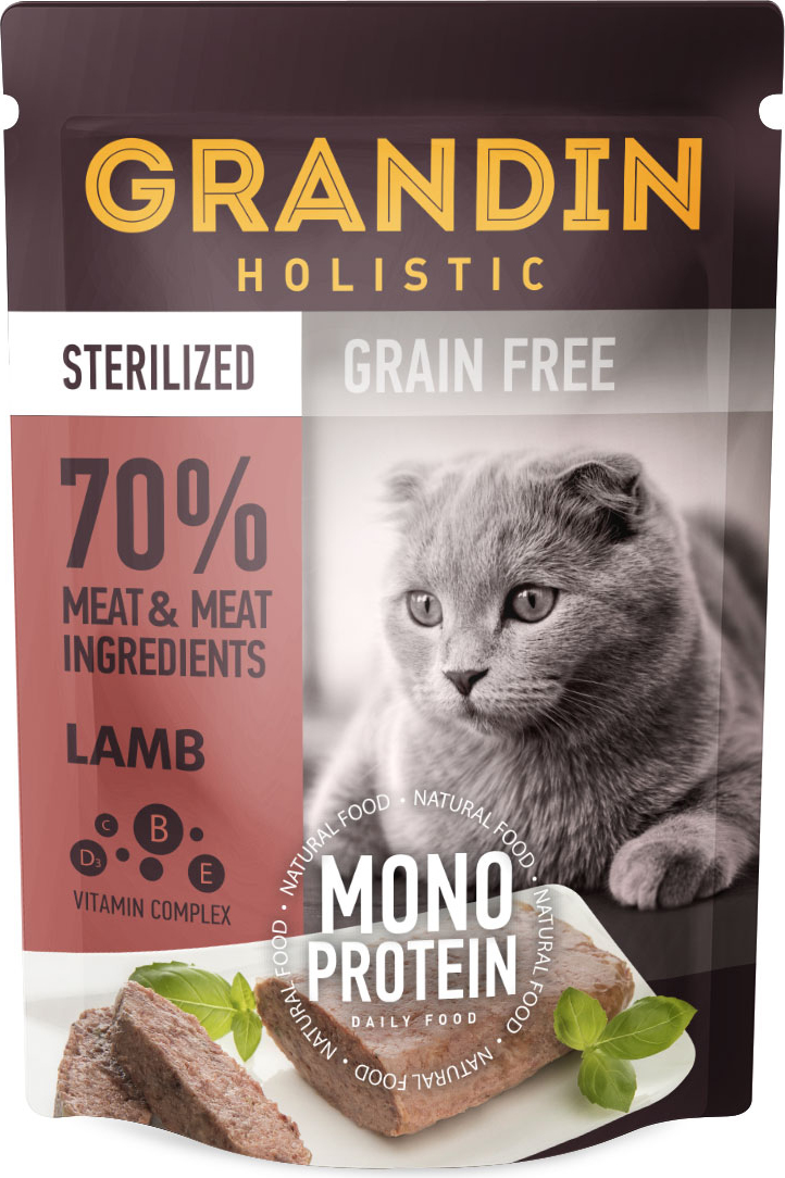 GRANDIN HOLISTIC Полнорационный монопротеиновый влажный корм  для стерилизованных кошек. Патэ из нежного мяса в желе. Ягненок.
