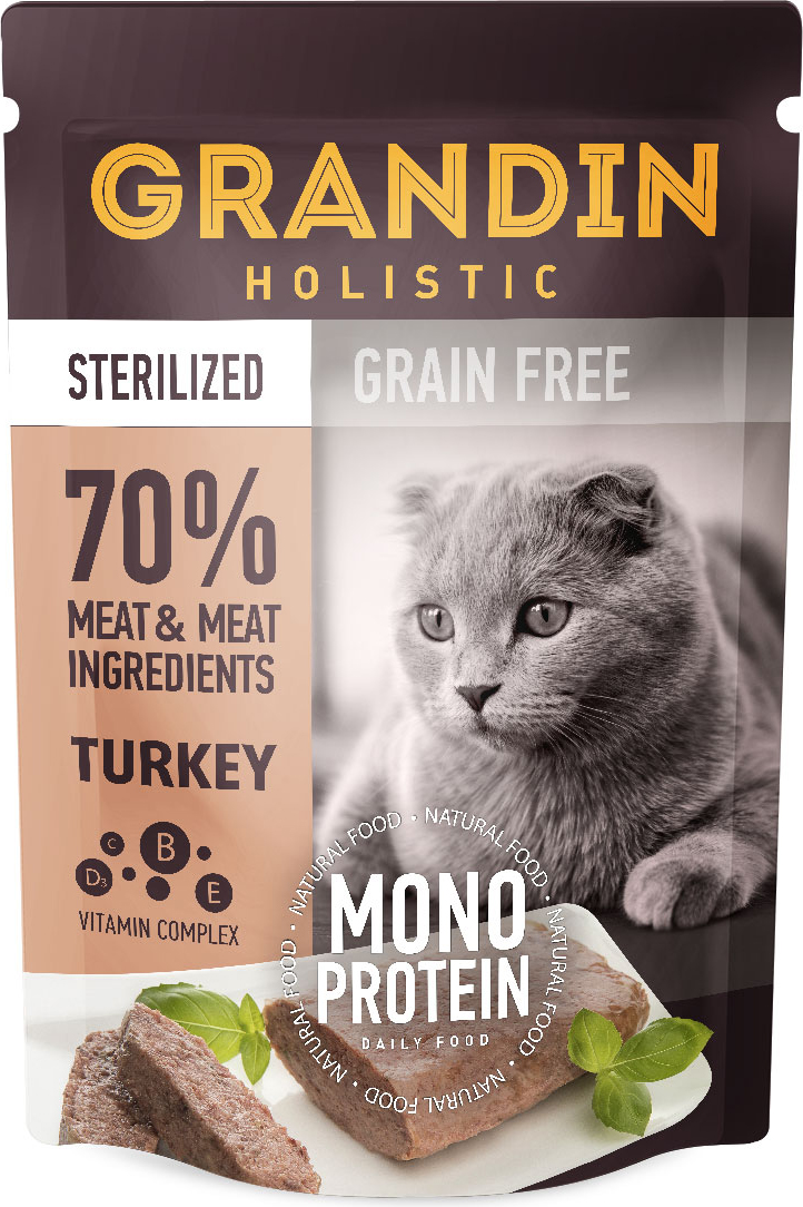 GRANDIN HOLISTIC Полнорационный монопротеиновый влажный корм  для стерилизованных кошек. Патэ из нежного мяса в желе. Индейка.
